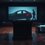 Flick International Dimly lit courtroom with an empty witness stand and a projection screen showing a car crash.