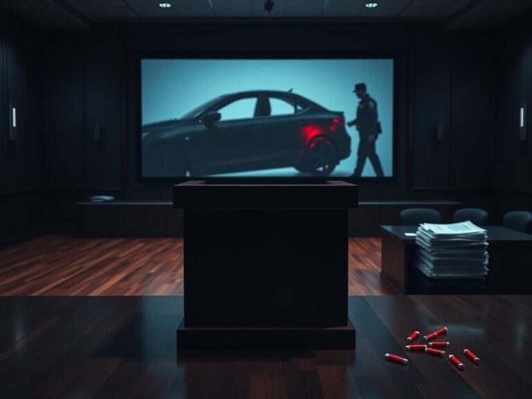 Flick International Dimly lit courtroom with an empty witness stand and a projection screen showing a car crash.