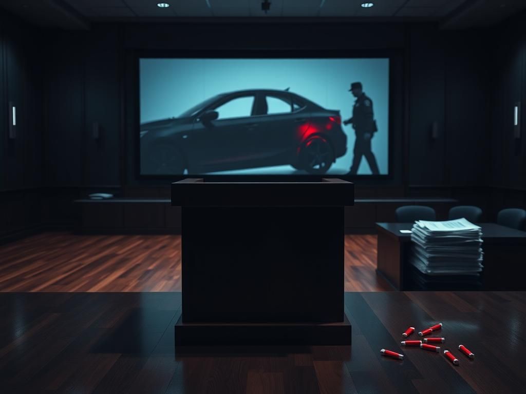Flick International Dimly lit courtroom with an empty witness stand and a projection screen showing a car crash.