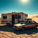Flick International overcrowded RV and sedan in desert heat with migrants inside