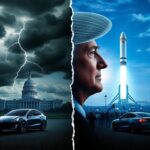 Flick International A split scene depicting conflict and technology with stormy skies and a futuristic skyline