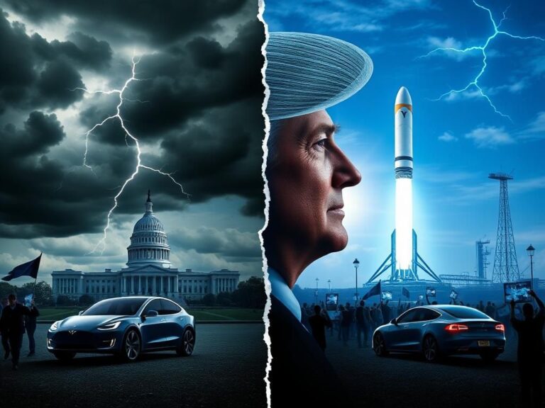 Flick International A split scene depicting conflict and technology with stormy skies and a futuristic skyline