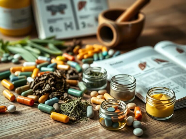 Flick International Close-up of wooden table displaying various colorful capsules, herbal powders, and labeled jars related to common supplements and medications.