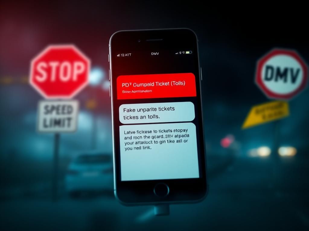 Flick International Smartphone screen displaying a threatening text message about unpaid tickets and tolls