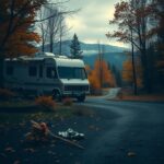 Flick International Moody Vermont forest scene with vibrant autumn foliage and a parked camper van