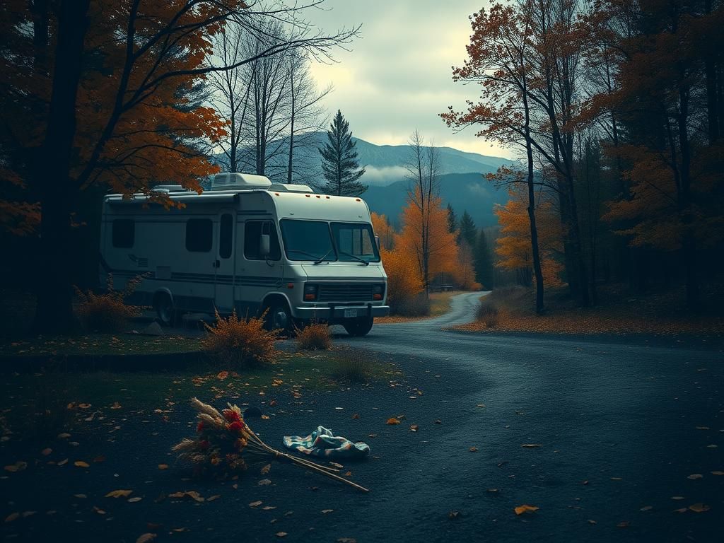 Flick International Moody Vermont forest scene with vibrant autumn foliage and a parked camper van