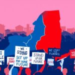 Flick International Stylized representation of New York's 17th District congressional map with protest signs symbolizing activism