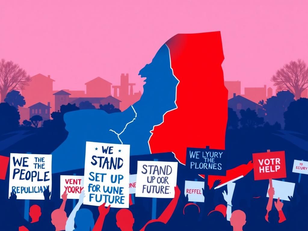 Flick International Stylized representation of New York's 17th District congressional map with protest signs symbolizing activism