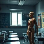 Flick International A dimly lit medical classroom showcasing an anatomical model and political advocacy posters