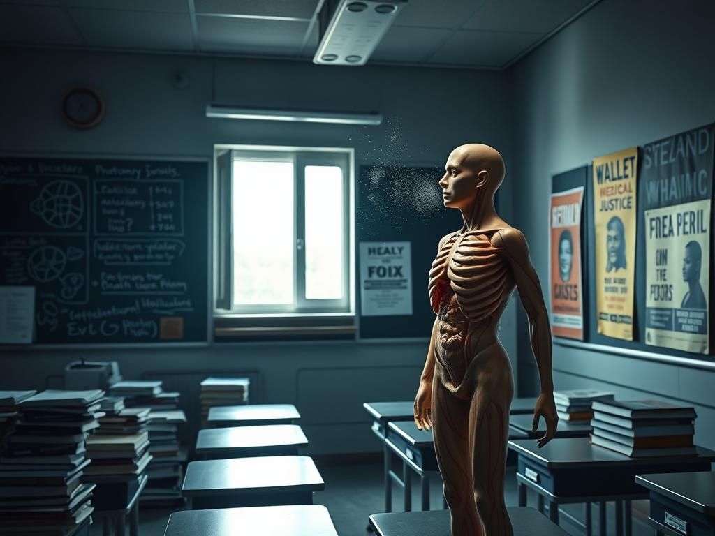 Flick International A dimly lit medical classroom showcasing an anatomical model and political advocacy posters