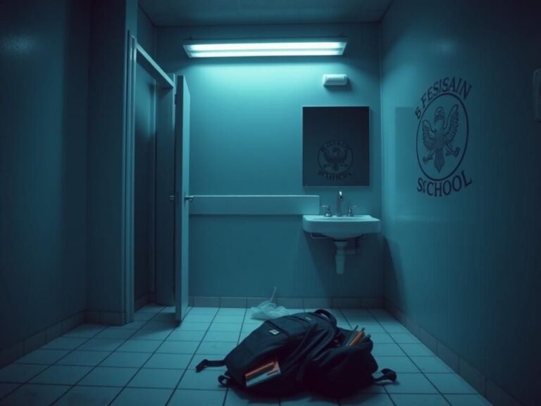 Flick International dimly lit school bathroom evoking unease