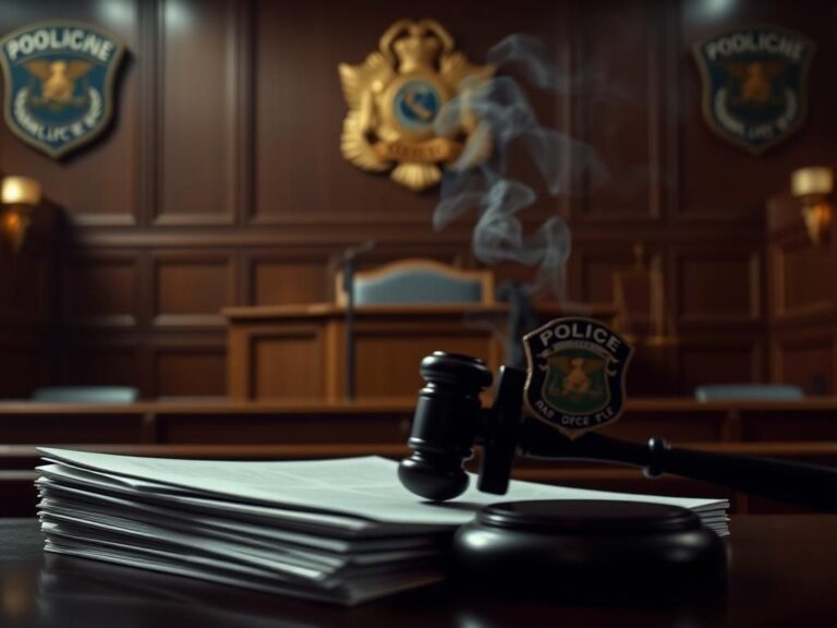 Flick International Dimly lit courtroom interior with a judge's bench and legal documents symbolizing justice.