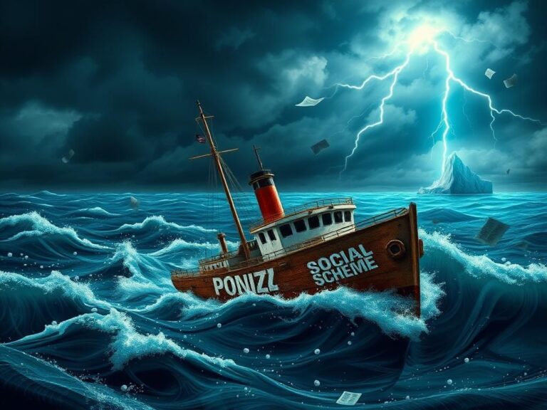 Flick International Weathered ship battling turbulent seas under a stormy sky with looming iceberg in the background