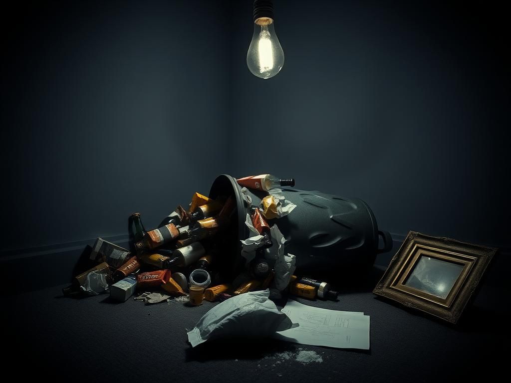 Flick International A dimly lit room with a toppled trash can overflowing with candy wrappers and empty bottles, symbolizing drug addiction.