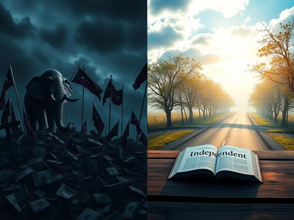 Flick International A contrasting representation of political landscapes depicting the Democratic Party in shadows and a vibrant symbol of independence with sunlight.