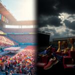 Flick International A split image contrasting a vibrant sports arena scene with chaotic inclusivity banners on the left and a dimly lit space with broken trophies on the right, symbolizing the trans athletes debate.