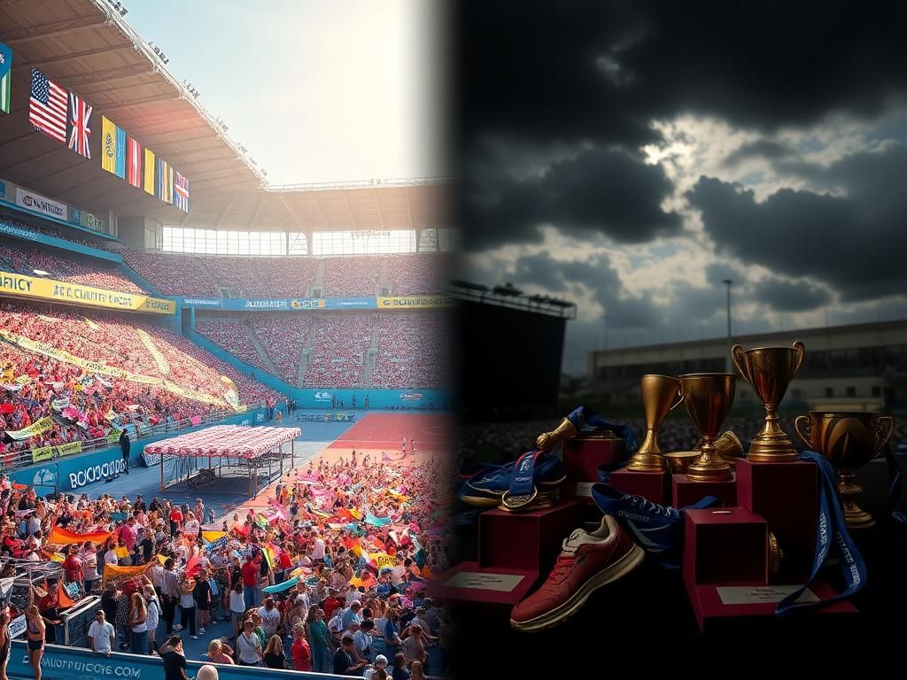 Flick International A split image contrasting a vibrant sports arena scene with chaotic inclusivity banners on the left and a dimly lit space with broken trophies on the right, symbolizing the trans athletes debate.