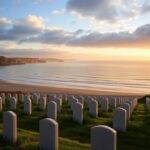 Flick International A serene view of Omaha Beach at dawn with gravestones in the foreground