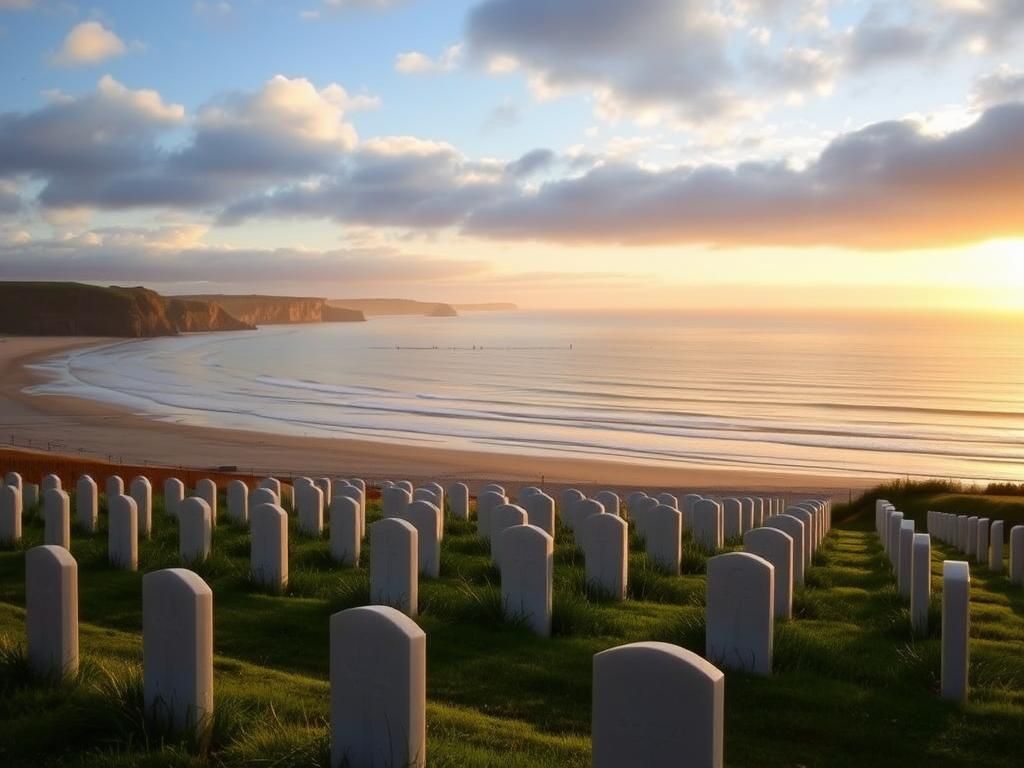 Flick International A serene view of Omaha Beach at dawn with gravestones in the foreground
