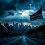 Flick International A deserted Los Angeles street with 'No Justice, No Peace' signs and ominous storm clouds