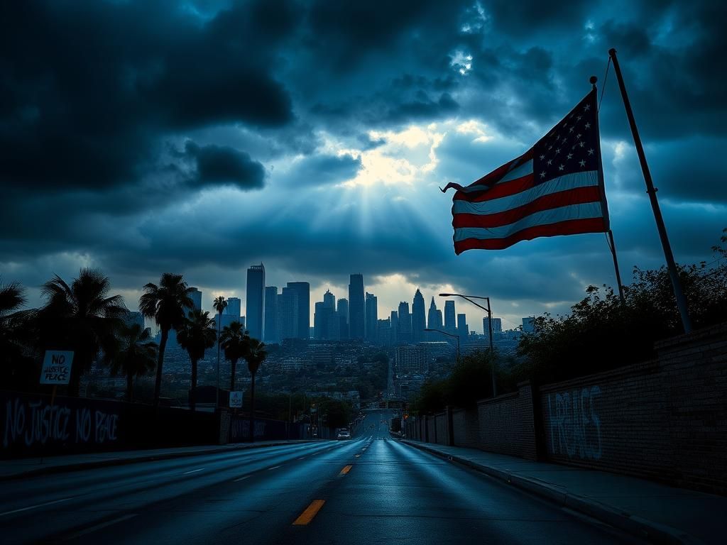 Flick International A deserted Los Angeles street with 'No Justice, No Peace' signs and ominous storm clouds