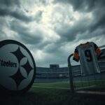 Flick International A dramatic football stadium scene representing tension and uncertainty with a shadowy Steelers logo