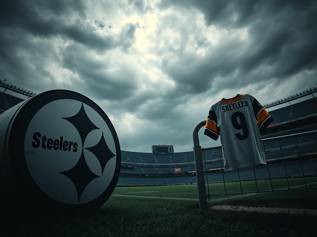 Flick International A dramatic football stadium scene representing tension and uncertainty with a shadowy Steelers logo
