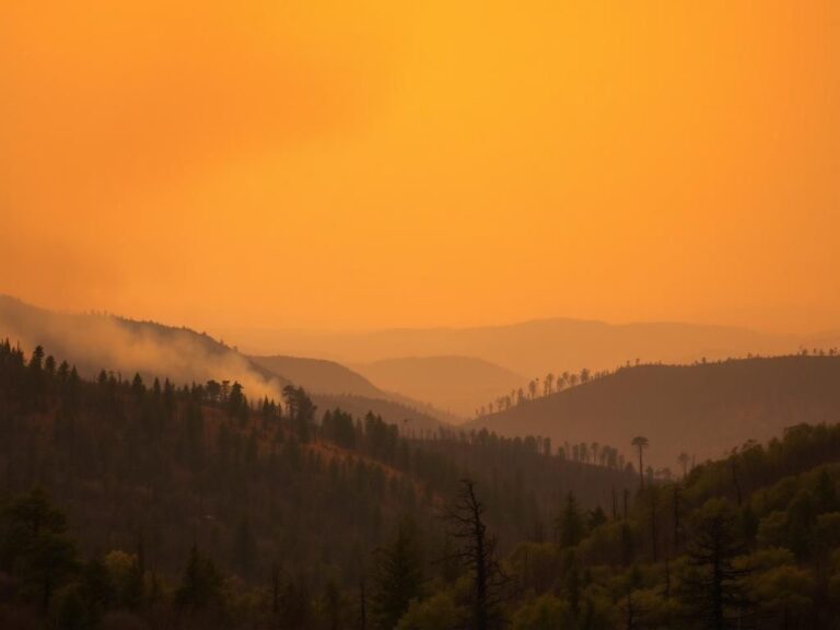 Flick International Landscape of forested hills under a smoky orange sky, showcasing the impact of wildfires with charred trees and resilient green foliage.