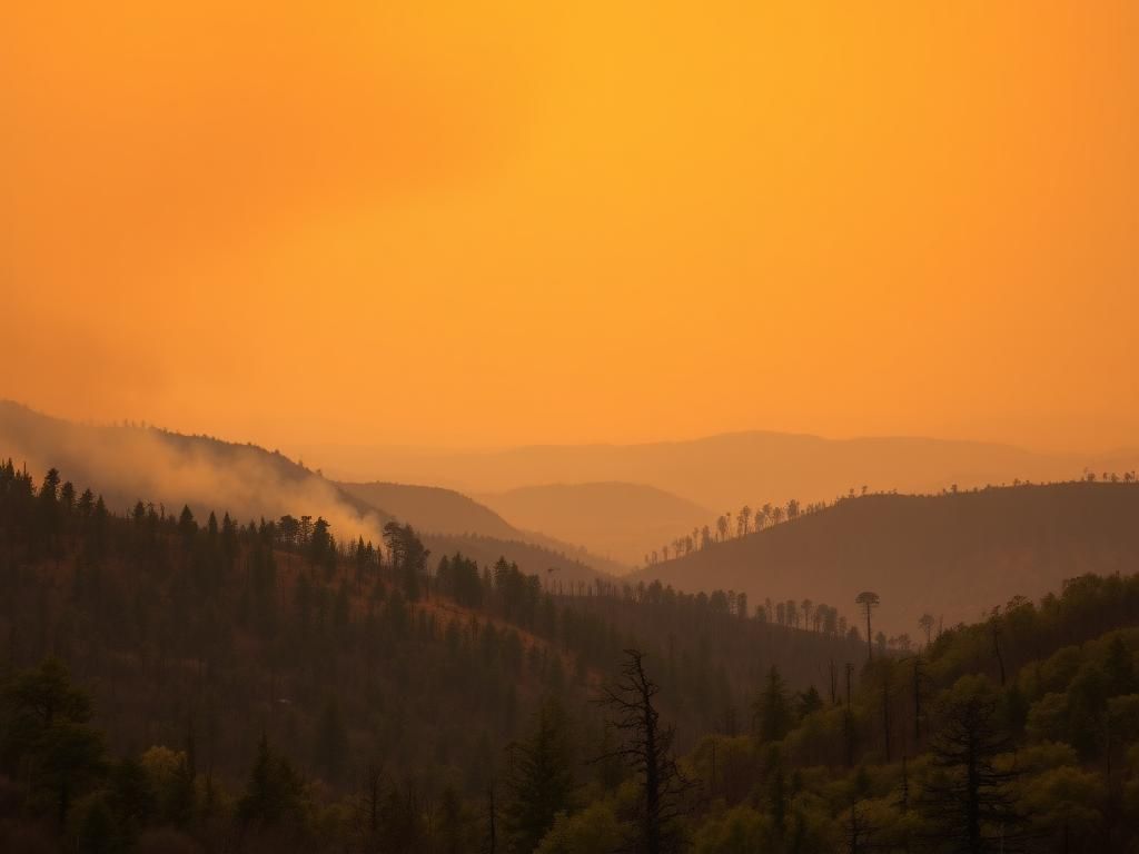 Flick International Landscape of forested hills under a smoky orange sky, showcasing the impact of wildfires with charred trees and resilient green foliage.