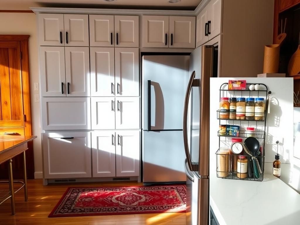 Flick International Cozy kitchen with freshly painted soft light blue cabinets featuring modern black hardware
