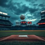 Flick International A dramatic scene of a baseball field at Yankee Stadium with a pitcher’s mound and hovering baseball capturing the tension of a recent Red Sox loss.