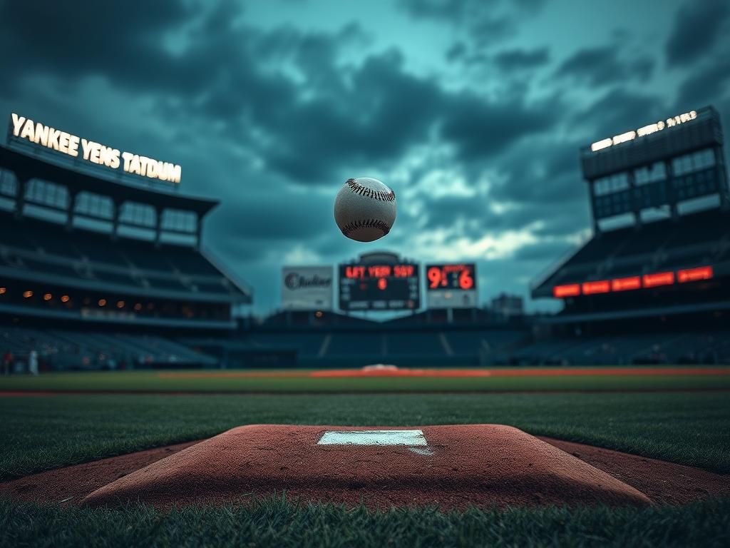 Flick International A dramatic scene of a baseball field at Yankee Stadium with a pitcher’s mound and hovering baseball capturing the tension of a recent Red Sox loss.