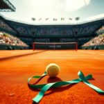 Flick International A vibrant tennis court with a lone tennis ball, symbolizing Coco Gauff's victory at the French Open
