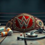 Flick International Close-up of a wrestling championship belt surrounded by medical items, symbolizing Ric Flair's battle with cancer.