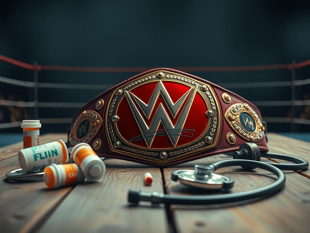 Flick International Close-up of a wrestling championship belt surrounded by medical items, symbolizing Ric Flair's battle with cancer.
