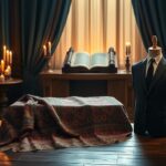 Flick International A serene interior with richly adorned fabric and a Torah scroll, symbolizing the connection between tradition and modernity.