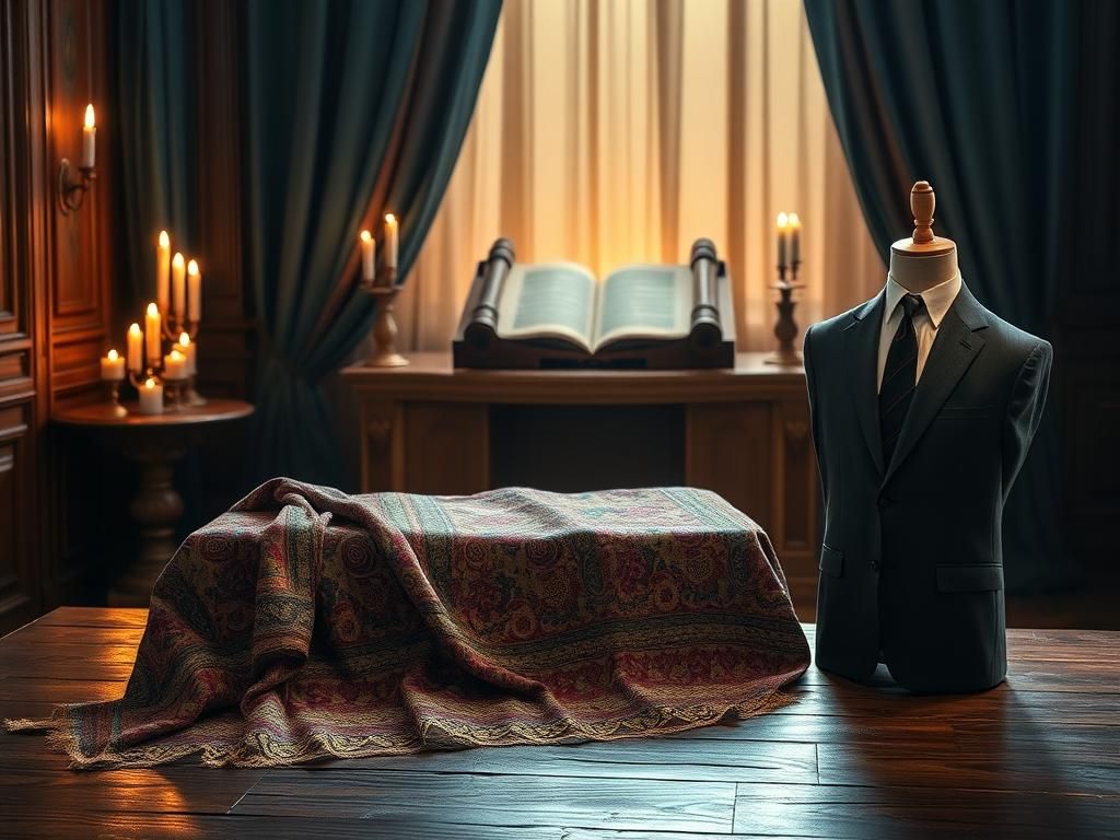 Flick International A serene interior with richly adorned fabric and a Torah scroll, symbolizing the connection between tradition and modernity.