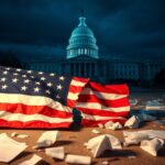 Flick International Torn American flag symbolizing political division against a dark Capitol building