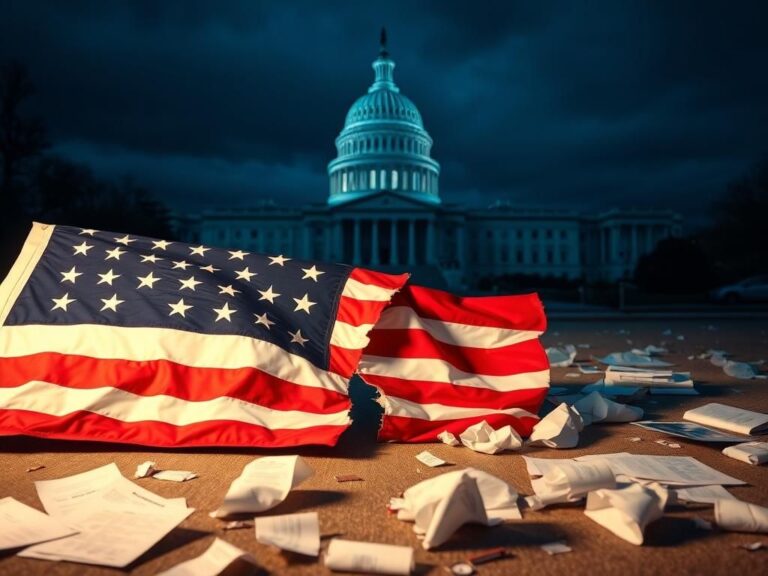 Flick International Torn American flag symbolizing political division against a dark Capitol building