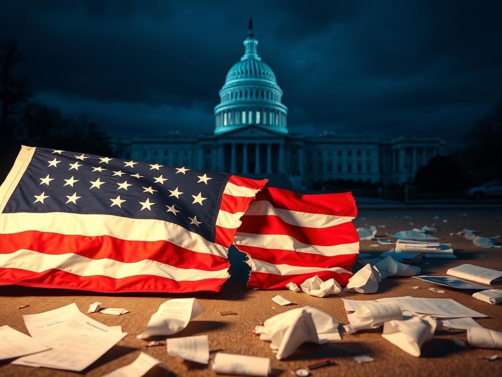 Flick International Torn American flag symbolizing political division against a dark Capitol building