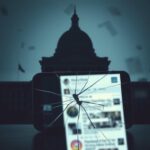 Flick International A cracked smartphone screen reflecting a blurred social media feed, symbolizing online chaos and misinformation.