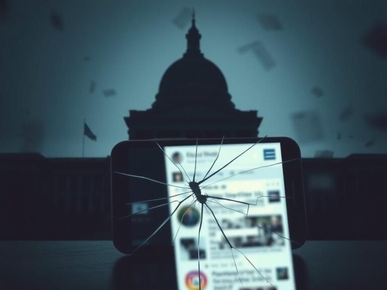 Flick International A cracked smartphone screen reflecting a blurred social media feed, symbolizing online chaos and misinformation.