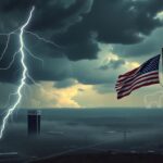 Flick International Ominous lightning bolt striking down over a corporate landscape symbolizing political tension