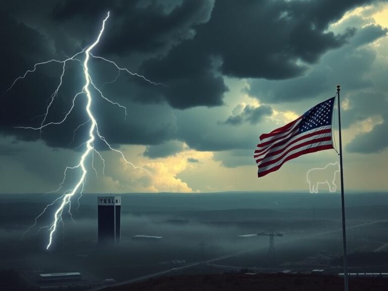 Flick International Ominous lightning bolt striking down over a corporate landscape symbolizing political tension