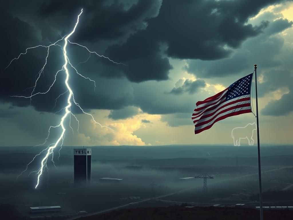 Flick International Ominous lightning bolt striking down over a corporate landscape symbolizing political tension