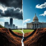 Flick International A dramatic scene depicting conflict with storm clouds over a corporate building and a clear sky above a government structure