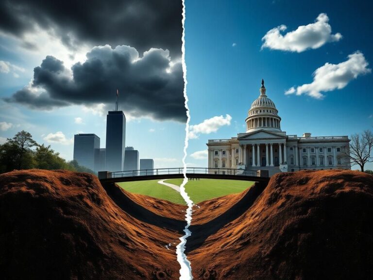 Flick International A dramatic scene depicting conflict with storm clouds over a corporate building and a clear sky above a government structure