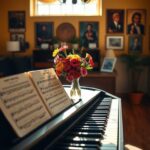 Flick International Serene scene featuring an empty grand piano in a warmly decorated music room with sunlight streaming through a window.