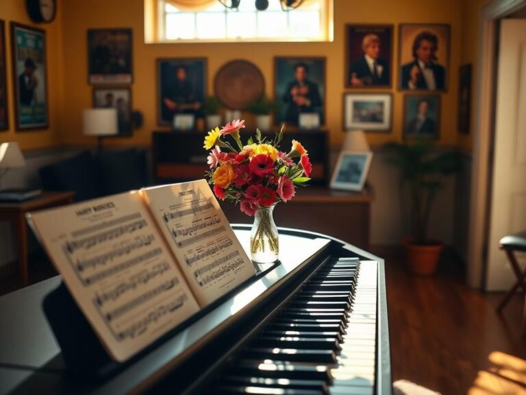 Flick International Serene scene featuring an empty grand piano in a warmly decorated music room with sunlight streaming through a window.