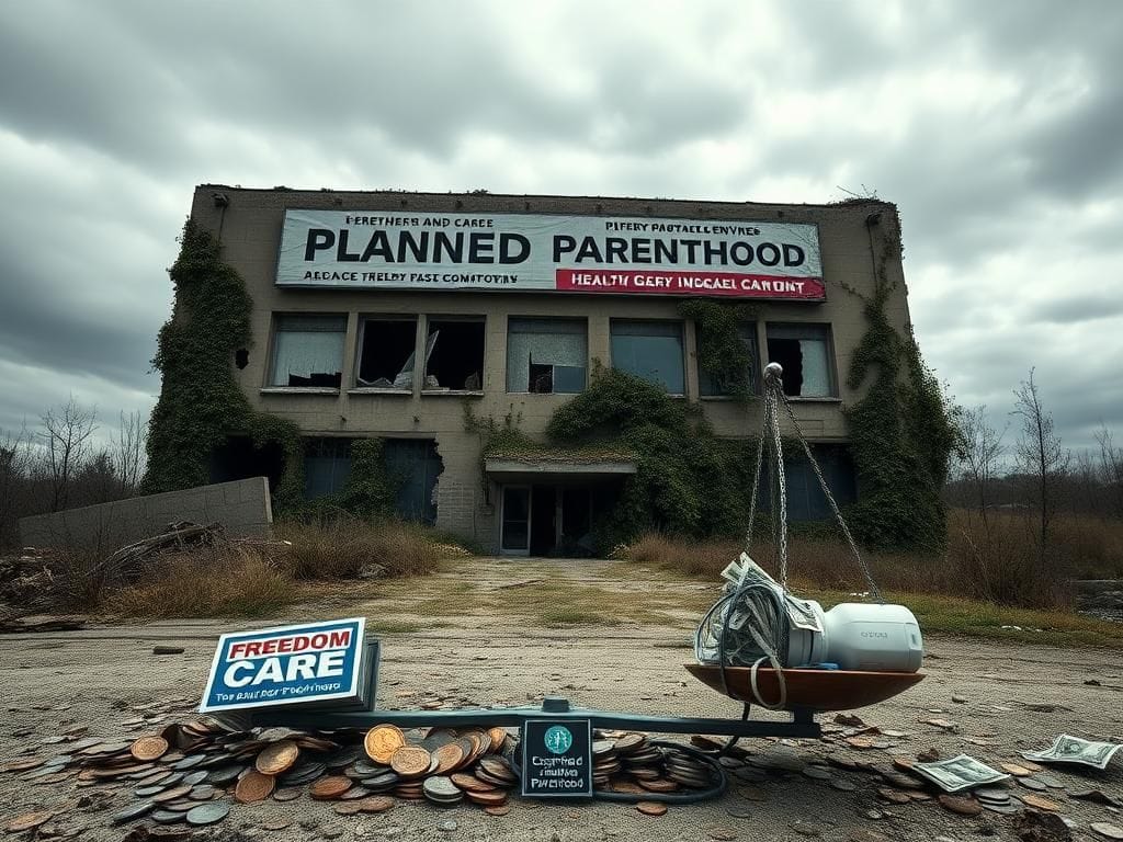 Flick International A crumbling Planned Parenthood facility overrun by weeds, symbolizing decline and neglect.